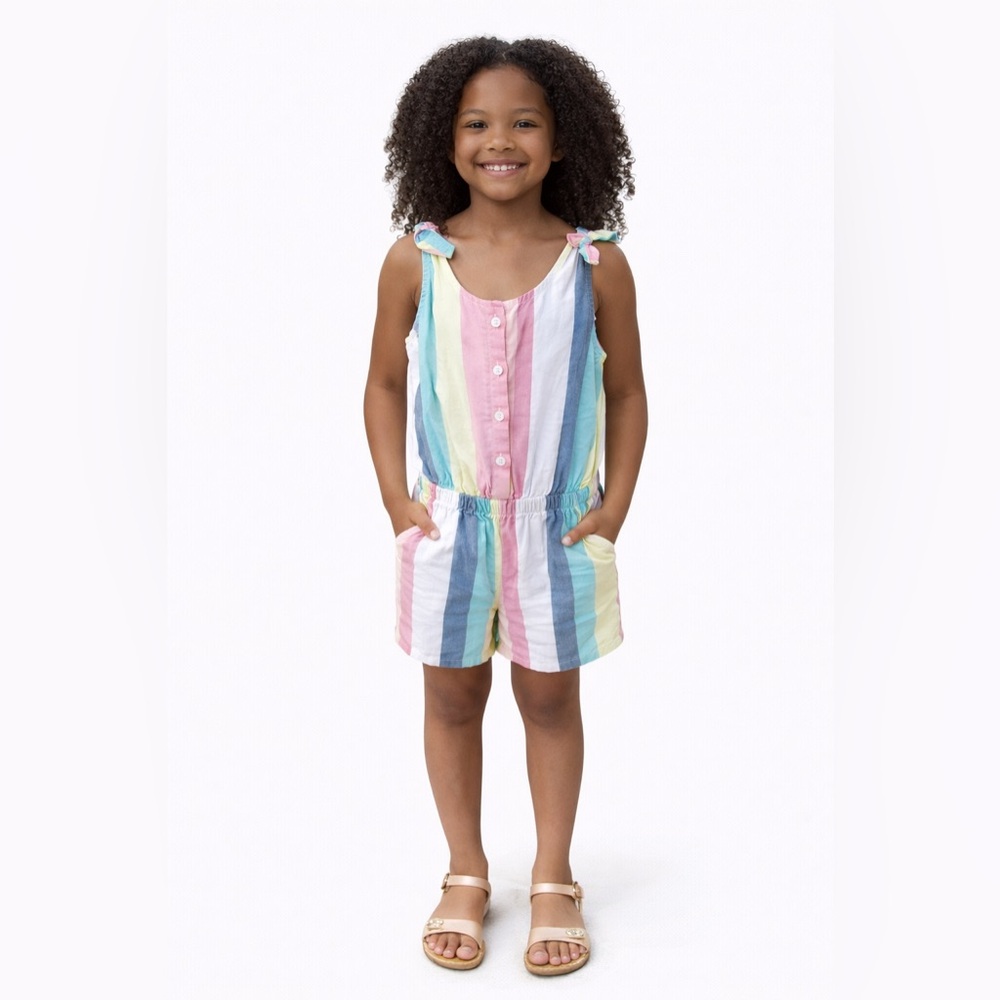 GAP Girls Rainbow Stripe Romper Size M 8 Button Front Tie Shoulder